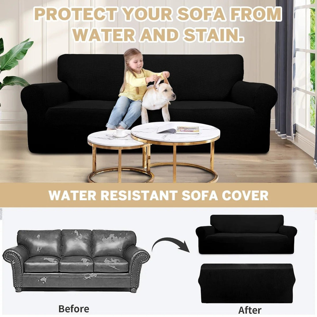 100% Waterproof Sofa Cover Non Slip Couch Cover Stretch Slipcover Leakproof Couch Protector for Kids Dogs Cats Pets, Black, Loveseat - PetOhPets
