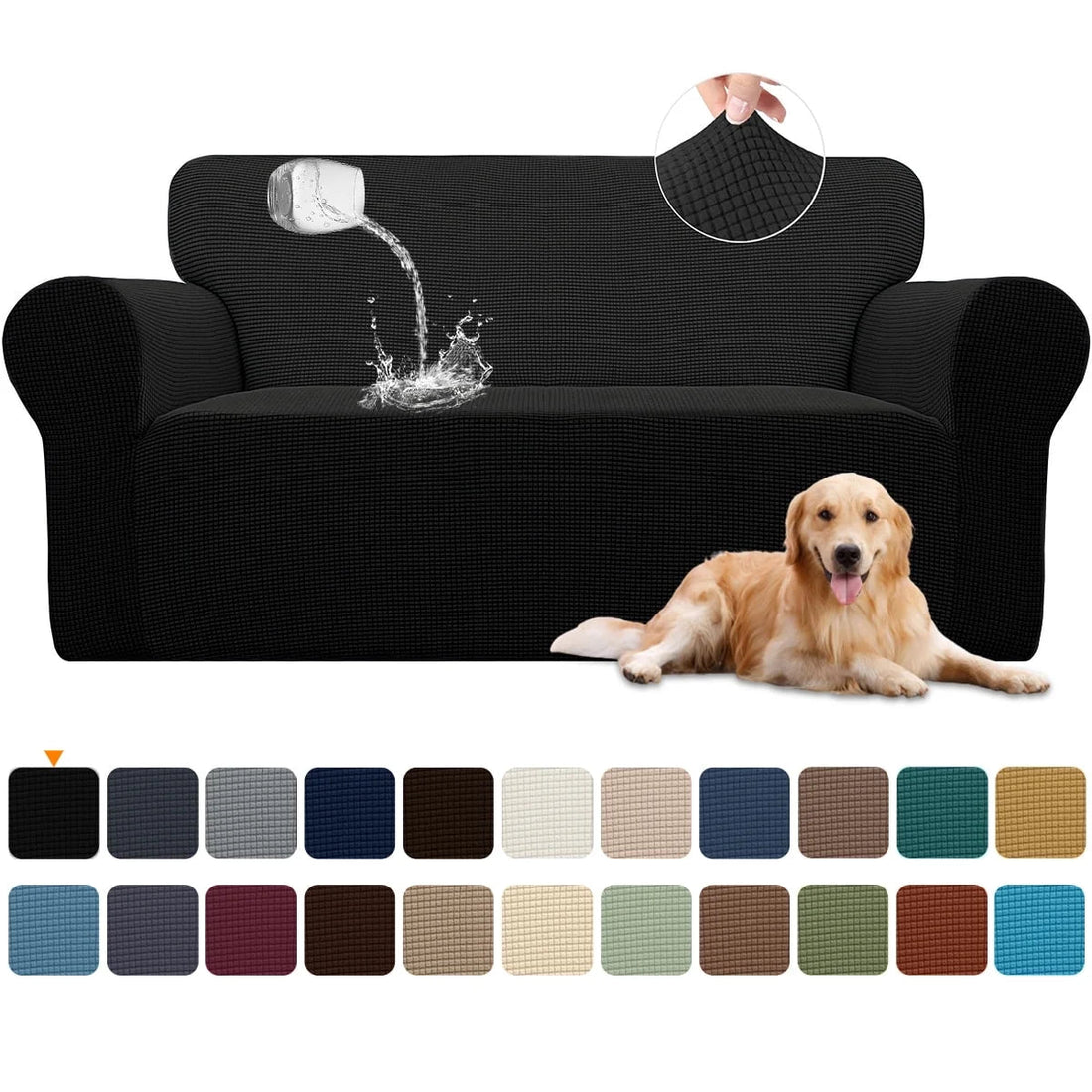 100% Waterproof Sofa Cover Non Slip Couch Cover Stretch Slipcover Leakproof Couch Protector for Kids Dogs Cats Pets, Black, Loveseat - PetOhPets