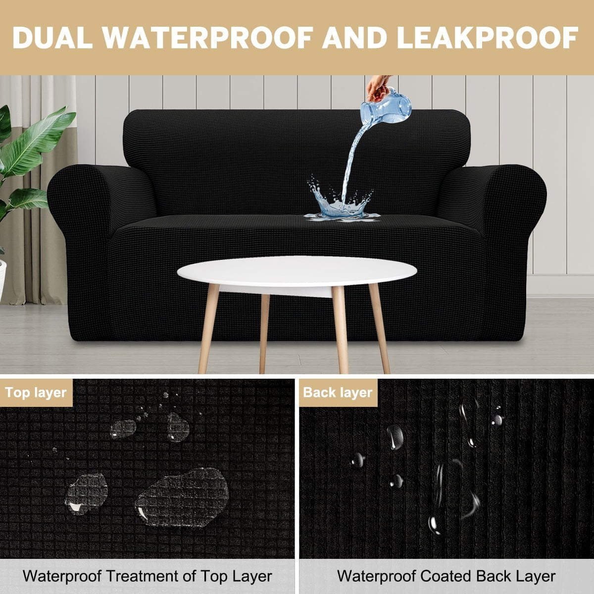 100% Waterproof Sofa Cover Non Slip Couch Cover Stretch Slipcover Leakproof Couch Protector for Kids Dogs Cats Pets, Black, Loveseat - PetOhPets