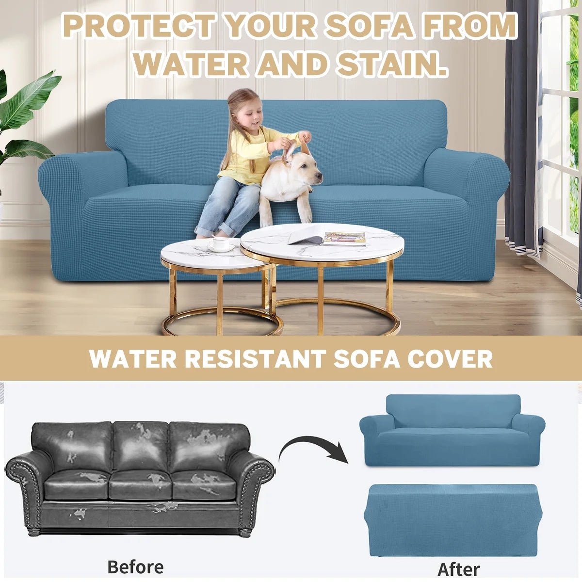 100% Waterproof Sofa Cover Non Slip Couch Cover Stretch Slipcover Leakproof Couch Protector for Kids Dogs Cats Pets, Dust Blue, Sofa - PetOhPets
