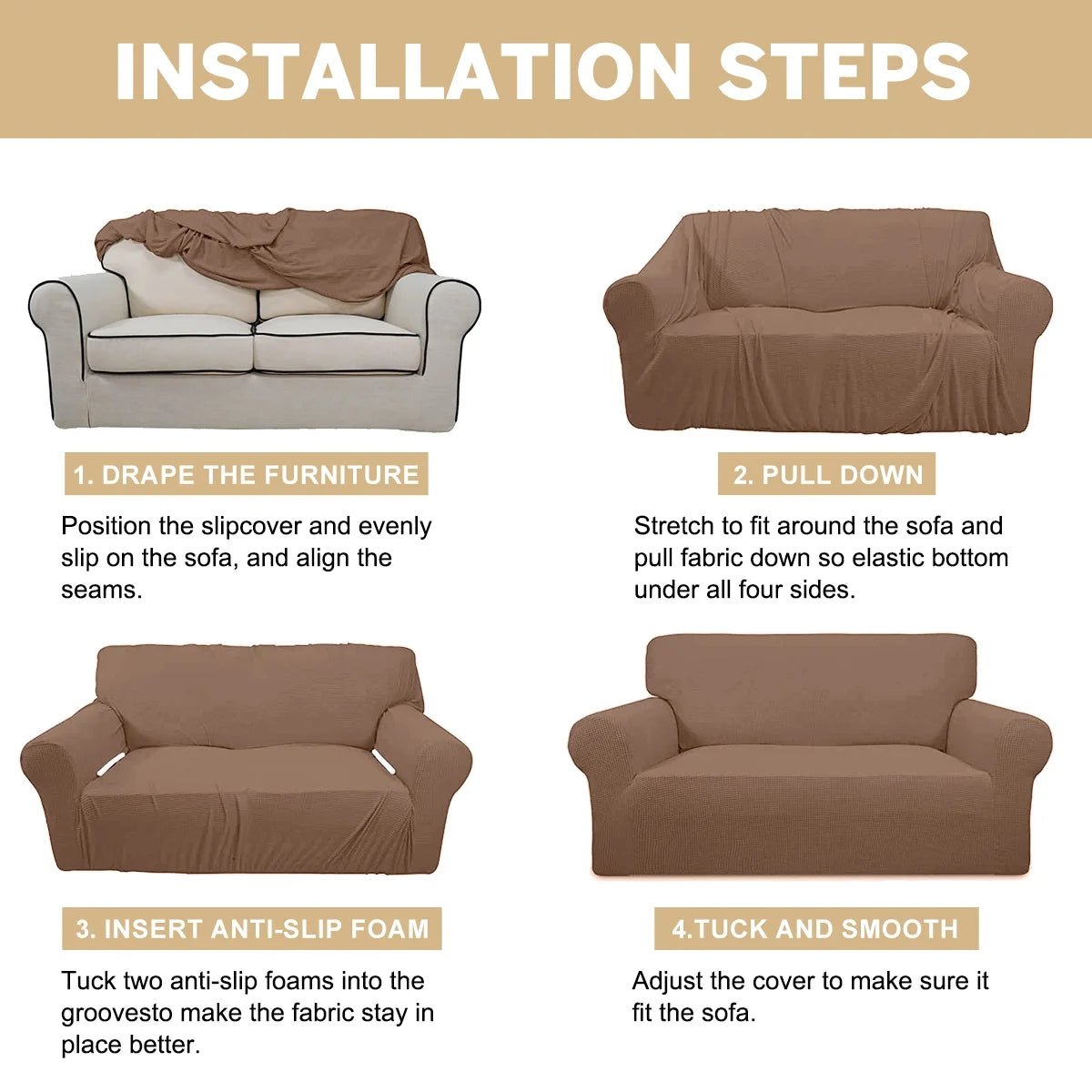 100% Waterproof Sofa Cover – Non-Slip Couch Protector for Kids, Dogs & Pets – Stretchable, Leakproof Slipcover for Oversized Sofas in Light Coffee - PetOhPets