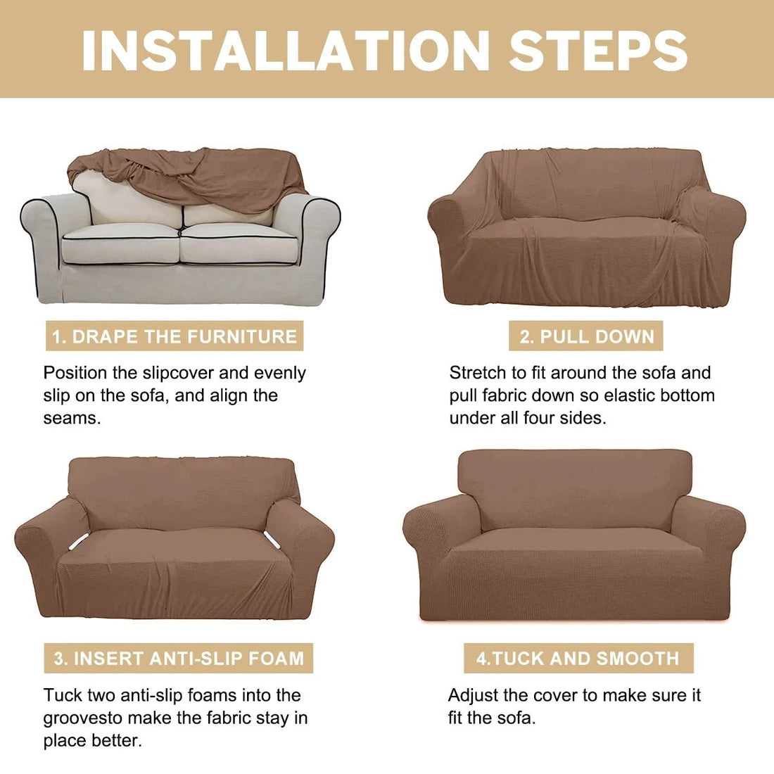 100% Waterproof Sofa Cover – Non-Slip Couch Protector for Kids, Dogs & Pets – Stretchable, Leakproof Slipcover for Oversized Sofas in Light Coffee - PetOhPets