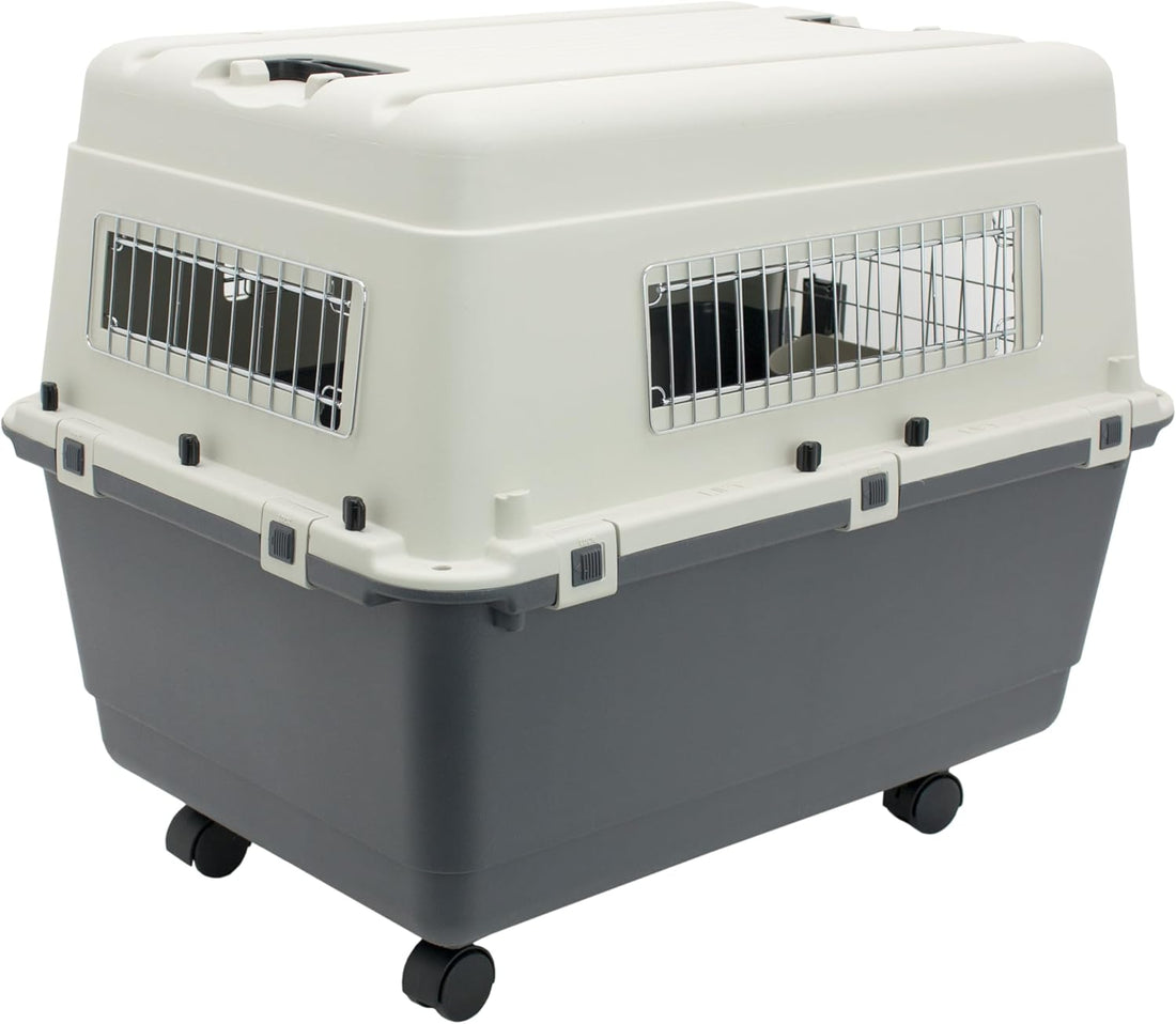 Plastic Kennels Rolling Plastic Wire Door Travel Dog Crate- Large Kennel, Gray