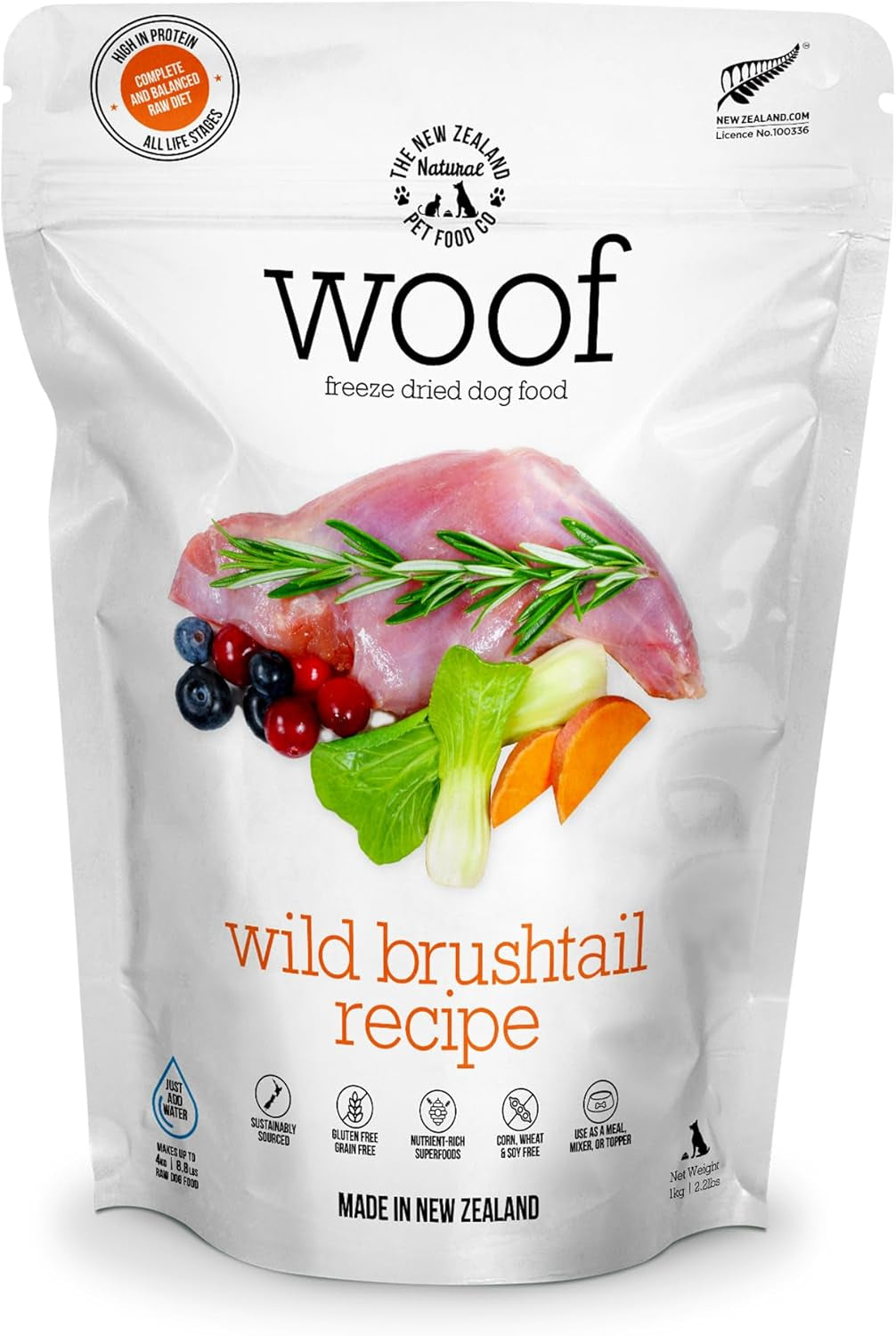 The New Zealand Natural Pet Food Co WOOF Freeze Dried Dog Food - Wild Brushtail Recipe, High Protein Dog Treats, Dog Food Toppers & Meals, 2.2 Lb
