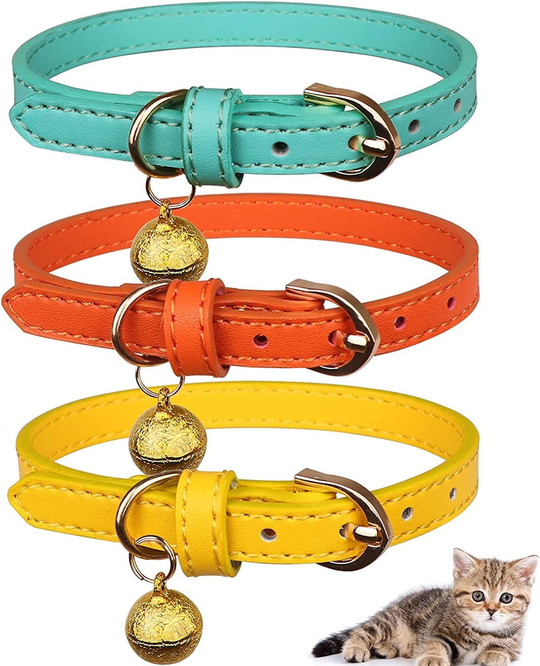 3 Pack Leather Cat Collars with Bells Soft Pet Safety Collar Kitten Collars with Bell Orange Yellow Mint Green(S) - PetOhPets