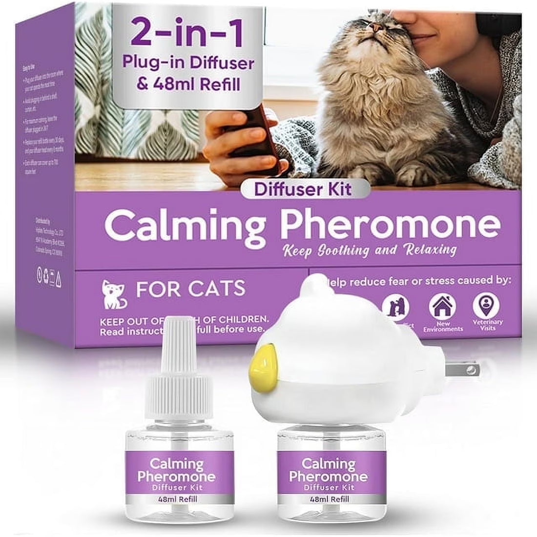 Cat Pheromones Calming Diffuser, Cat Calming Diffuser Starter Kit with Diffuser Head and 2Pcs 48Ml Vial, Efficient Relieve Anxiety Stress, 60 Days Use