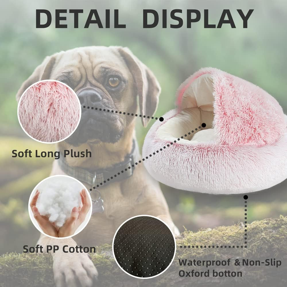 Dog Bed Cuddle Cat Bed Donut Small Pet Medium Cover Washable Clearance Snuggler Soft Plush Attached Blanket round (23.6In Pink)