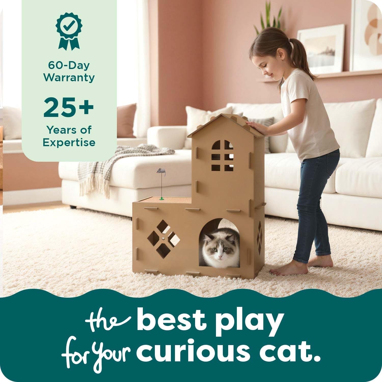 Townhouse Multi-Level Cardboard Cat House for Indoor Cats with Catnip & Toys, Double-Walled Corrugated Scratcher Designed for Lounging, Play & Comfort, One Size, Cardboard, Brown