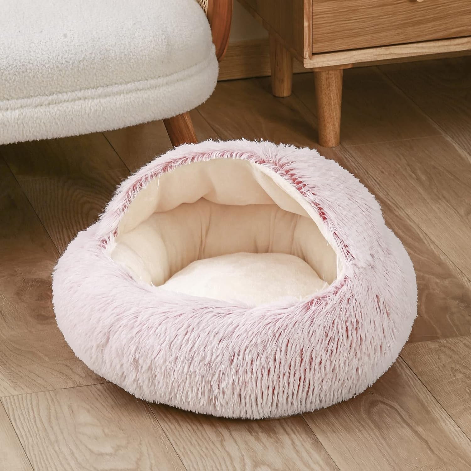 Dog Bed Cuddle Cat Bed Donut Small Pet Medium Cover Washable Clearance Snuggler Soft Plush Attached Blanket round (23.6In Pink)