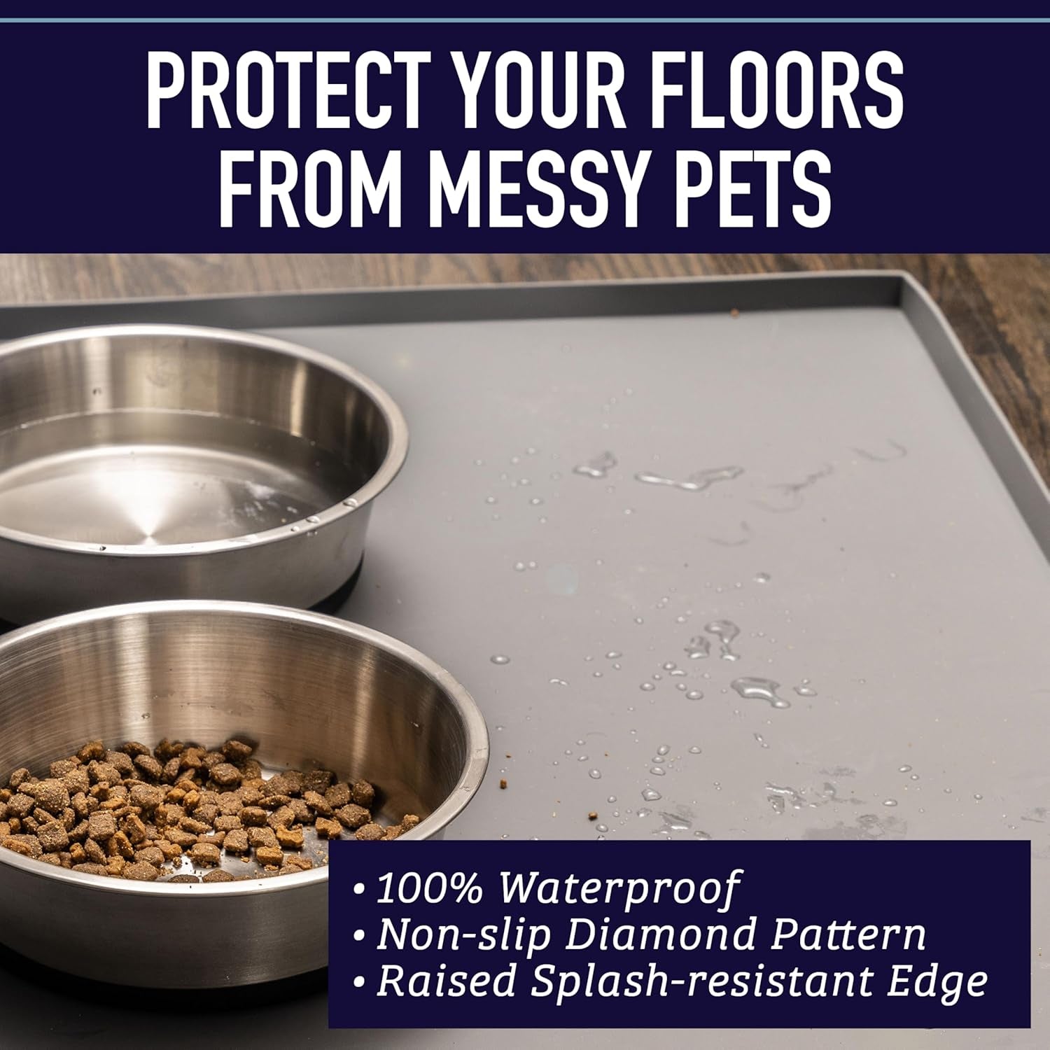Waterproof Raised-Edge Dog Tray for Food & Water - Silicone Dog Food Mat, Non-Slip Pet Bowl Mat, Dishwasher-Safe Pet Placemat, XL 25 X 17 In, Gray