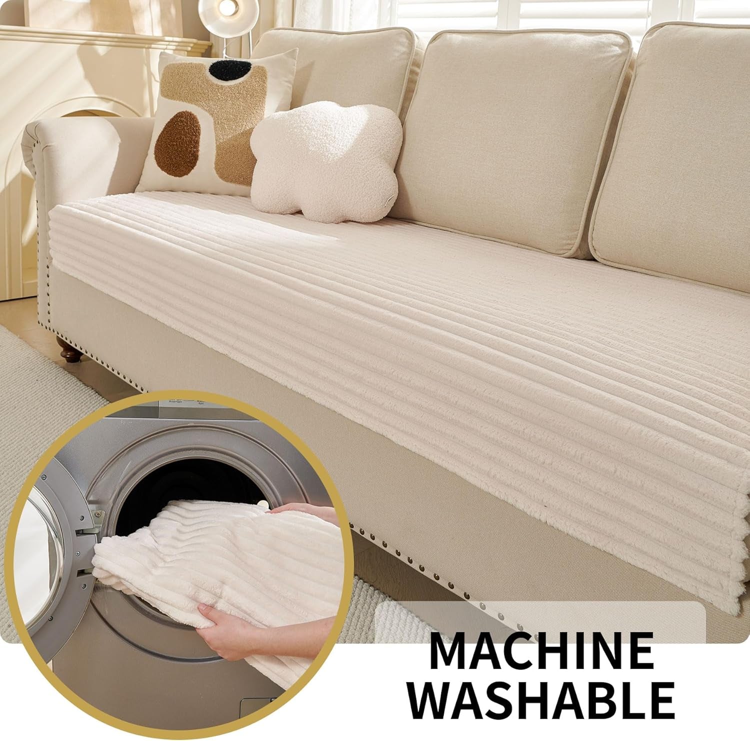 Waterproof Couch Cover for Dogs Washable,Faux Fur Pet Couch Covers for Sofa,Soft Dog Bed Cover Non-Slip Couch Covers for 3 Cushion Couch Sofa Pet Friendly (Off White, 35" X 74")