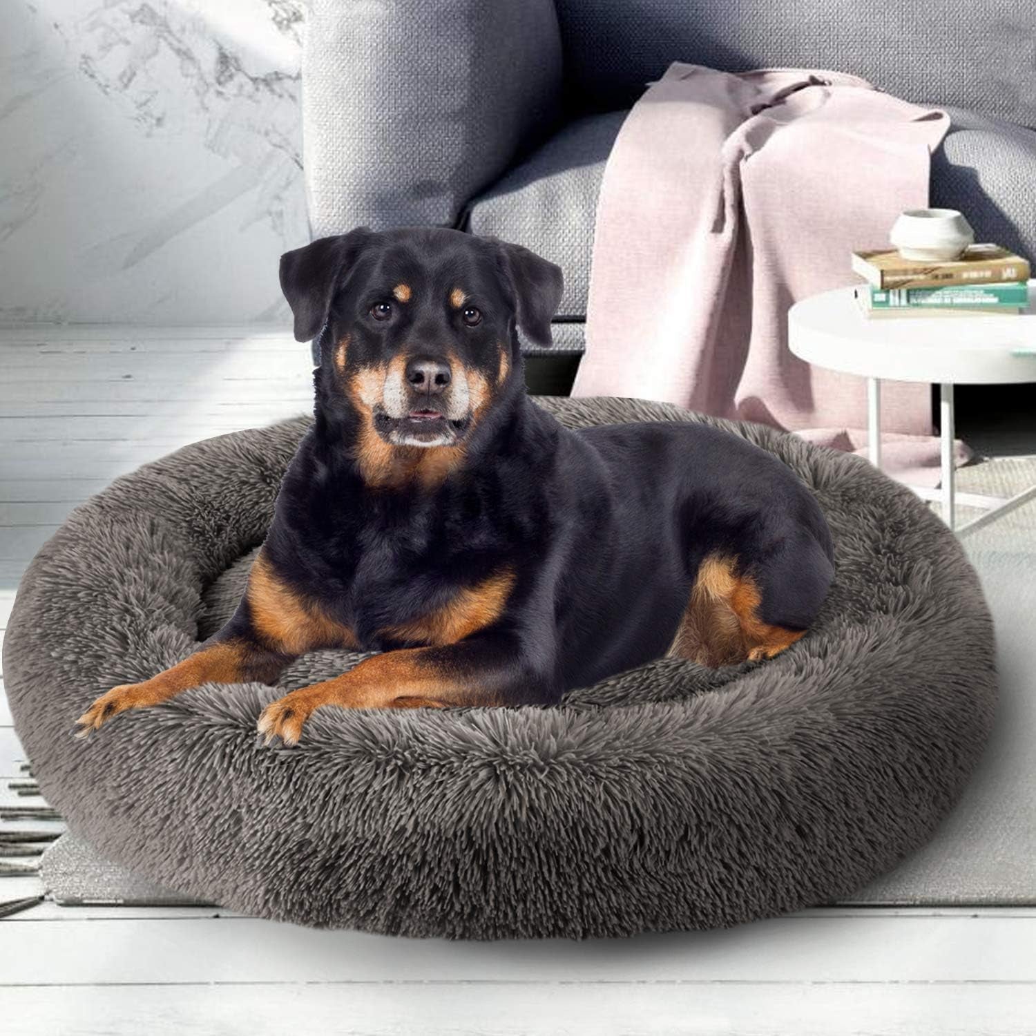 Calming Donut Pet Bed, Faux Fur Self-Warming Cuddler, Comfortable round Plush Dog & Cat Beds for Large, Medium Dogs and Cats (24''/32''/36''/44'')