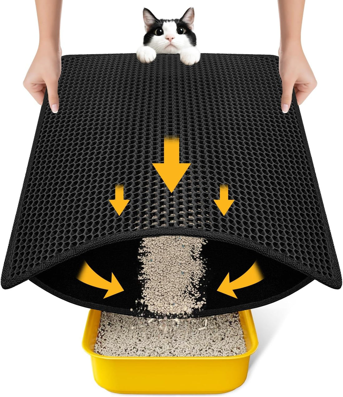 Cat Litter Mat Litter Box Mat, EVA Honeycomb Double Layer Design, Urine & Waterproof, Scatter Control Kitty Litter Mat, Less Waste, Easier to Clean,Washable, Black