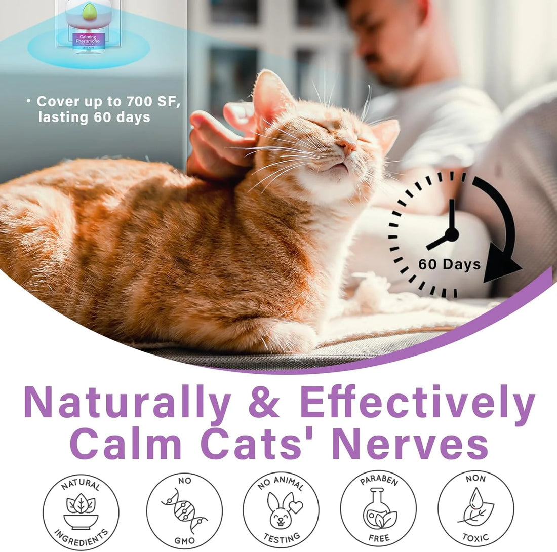 Cat Pheromones Calming Diffuser, Cat Calming Diffuser Starter Kit with Diffuser Head and 2Pcs 48Ml Vial, Efficient Relieve Anxiety Stress, 60 Days Use