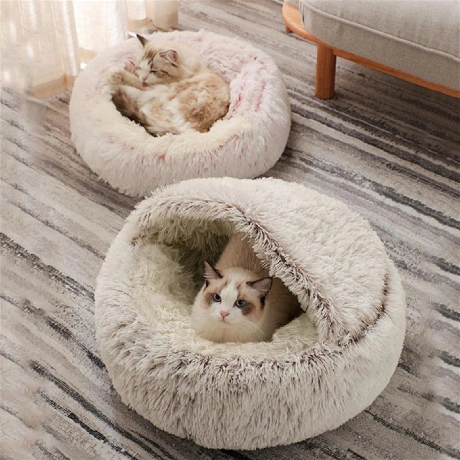 Cat Bed round Plush Hooded Cat Bed Cave, for Indoor Cats or Small Dog Beds, Calming Pet Beds Calm Anti-Nxiety Dog Bed, Waterproof Bottom Washable (16"X16") - PetOhPets