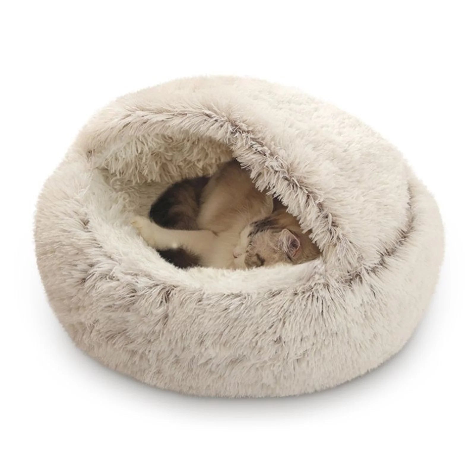Cat Bed round Plush Hooded Cat Bed Cave, for Indoor Cats or Small Dog Beds, Calming Pet Beds Calm Anti-Nxiety Dog Bed, Waterproof Bottom Washable (16"X16") - PetOhPets