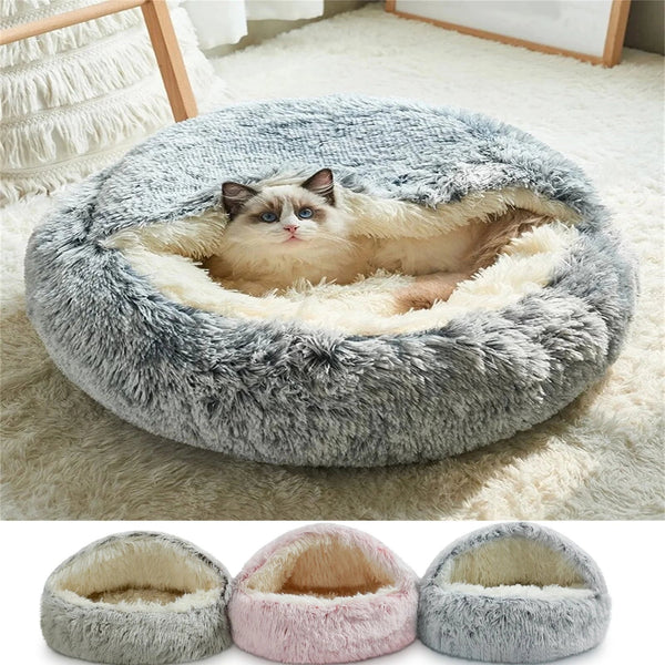 Cat Bed round Plush Hooded Cat Bed Cave, for Indoor Cats or Small Dog Beds, Calming Pet Beds Calm Anti-Nxiety Dog Bed, Waterproof Bottom Washable (16"X16") - PetOhPets