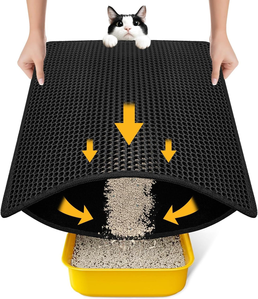 Cat Litter Mat Litter Box Mat, EVA Honeycomb Double Layer Design, Urine & Waterproof, Scatter Control Kitty Litter Mat, Less Waste, Easier to Clean,Washable, Black - PetOhPets