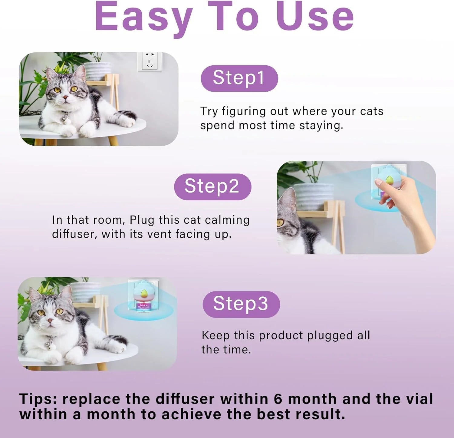 Cat Pheromones Calming Diffuser, Cat Calming Diffuser Starter Kit with Diffuser Head and 2Pcs 48Ml Vial, Efficient Relieve Anxiety Stress, 60 Days Use - PetOhPets