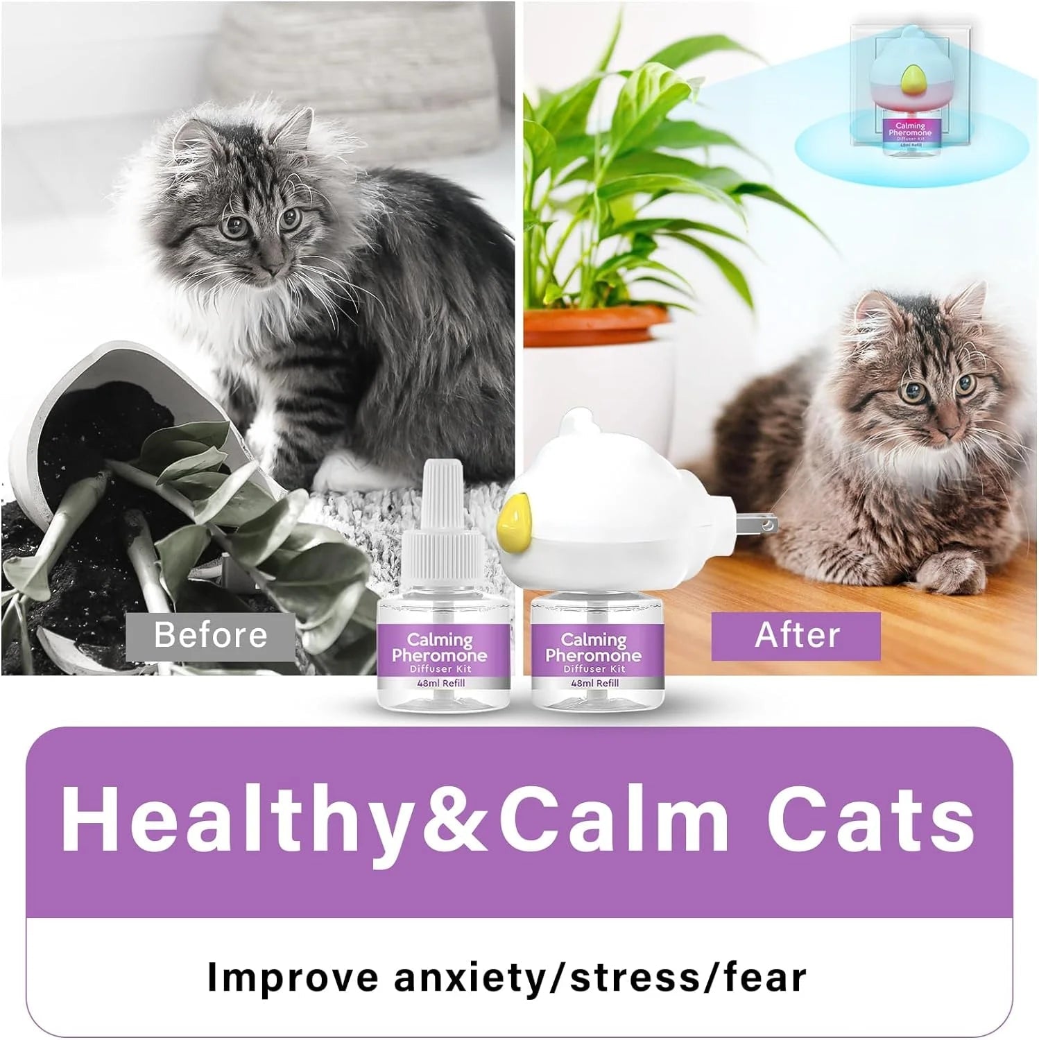 Cat Pheromones Calming Diffuser, Cat Calming Diffuser Starter Kit with Diffuser Head and 2Pcs 48Ml Vial, Efficient Relieve Anxiety Stress, 60 Days Use - PetOhPets