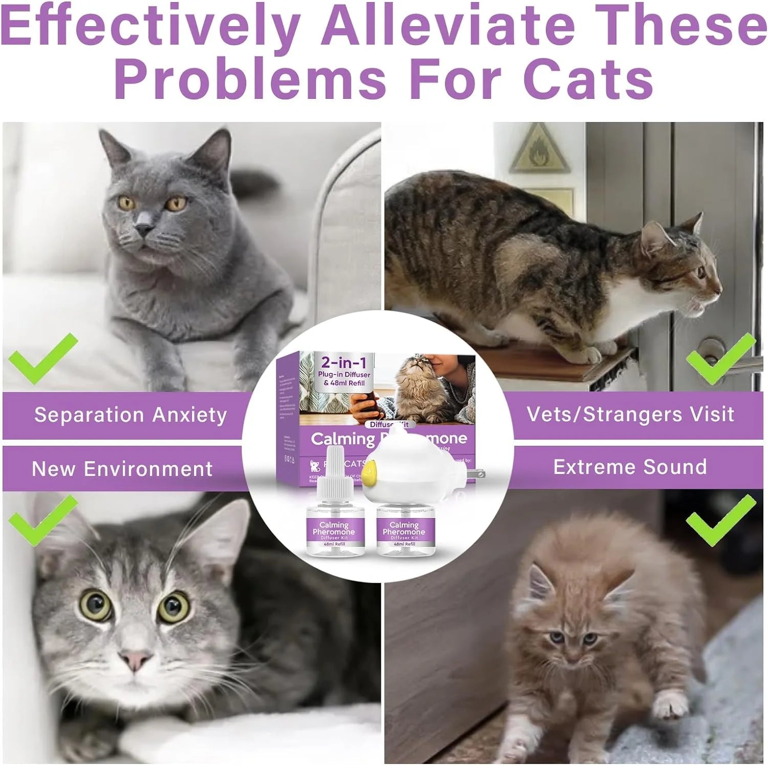 Cat Pheromones Calming Diffuser, Cat Calming Diffuser Starter Kit with Diffuser Head and 2Pcs 48Ml Vial, Efficient Relieve Anxiety Stress, 60 Days Use - PetOhPets