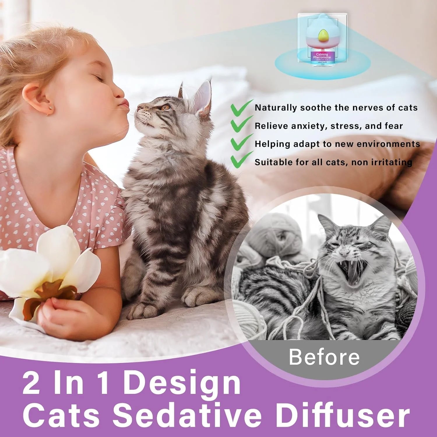 Cat Pheromones Calming Diffuser, Cat Calming Diffuser Starter Kit with Diffuser Head and 2Pcs 48Ml Vial, Efficient Relieve Anxiety Stress, 60 Days Use - PetOhPets
