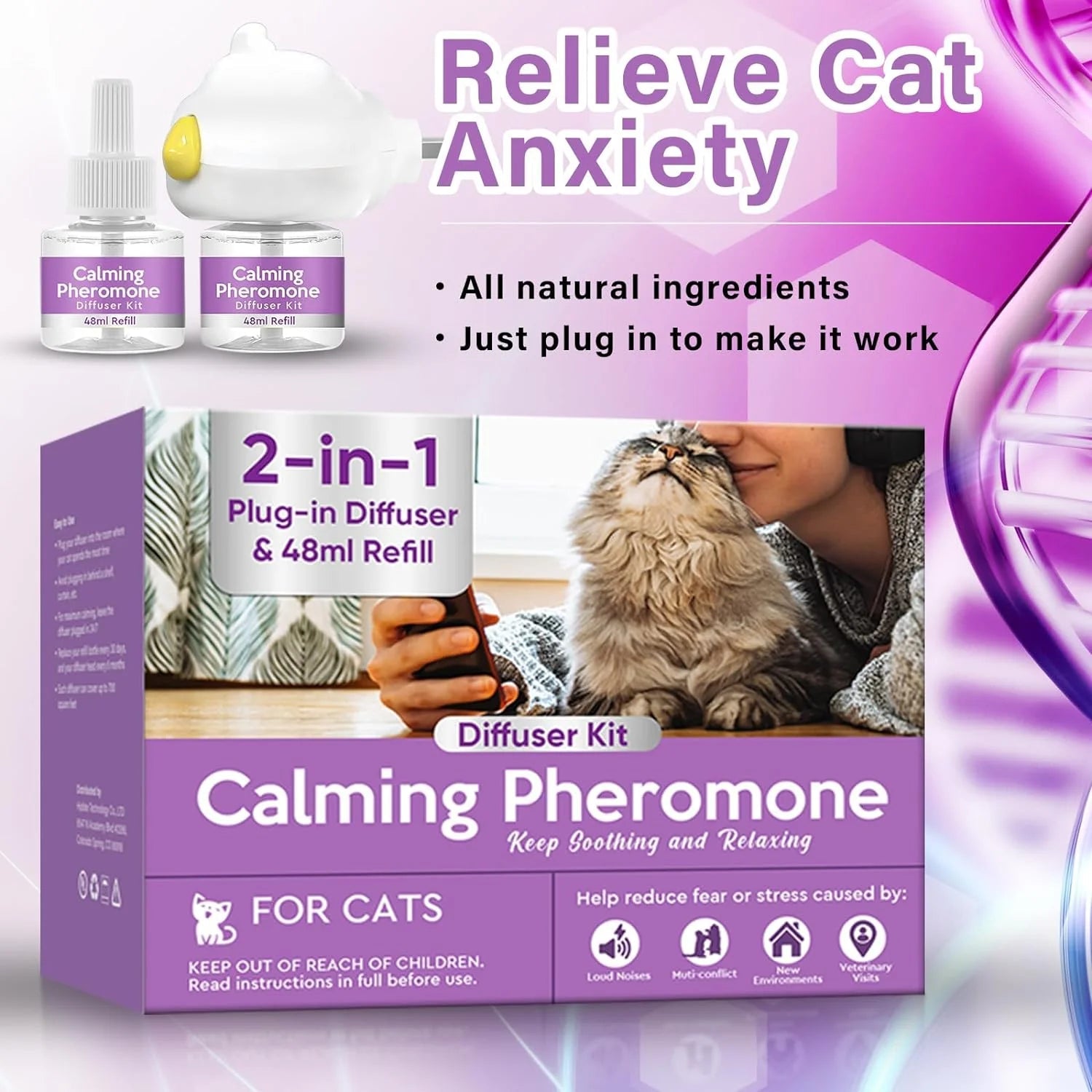 Cat Pheromones Calming Diffuser, Cat Calming Diffuser Starter Kit with Diffuser Head and 2Pcs 48Ml Vial, Efficient Relieve Anxiety Stress, 60 Days Use - PetOhPets