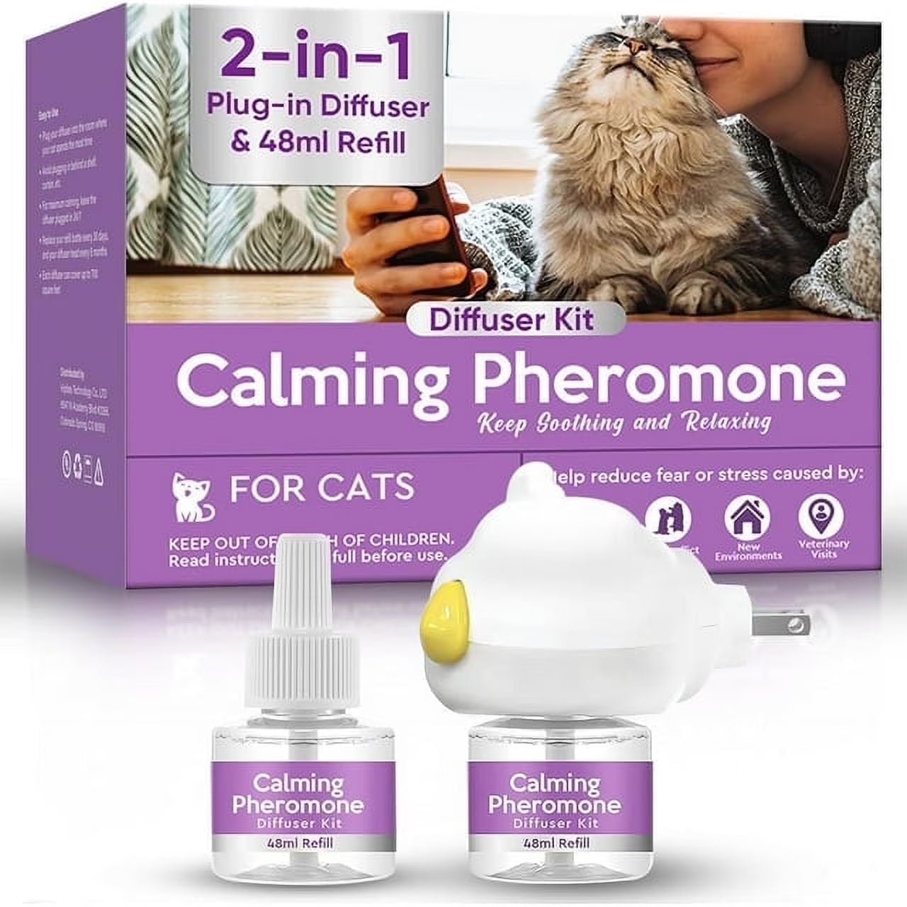 Cat Pheromones Calming Diffuser, Cat Calming Diffuser Starter Kit with Diffuser Head and 2Pcs 48Ml Vial, Efficient Relieve Anxiety Stress, 60 Days Use - PetOhPets