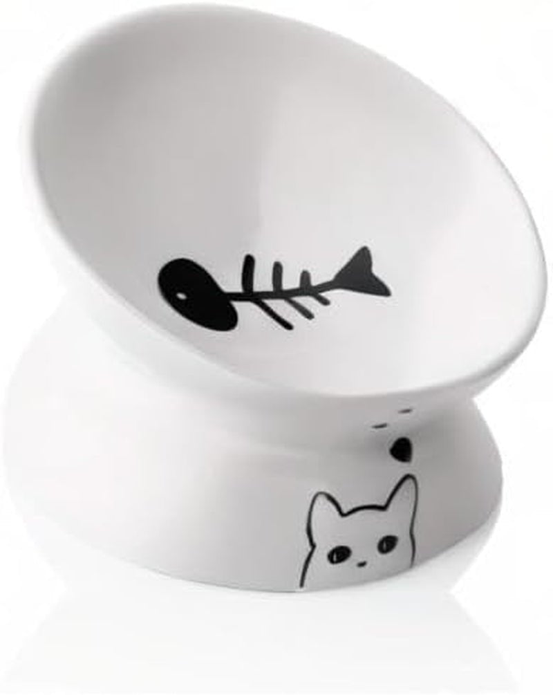 Ceramic Raised Cat Bowls, Slanted Cat Dish Food or Water Bowls, Elevated Porcelain Pet Feeder Bowl Protect Cat'S Spine, Stress Free, Backflow Prevention (White) - PetOhPets