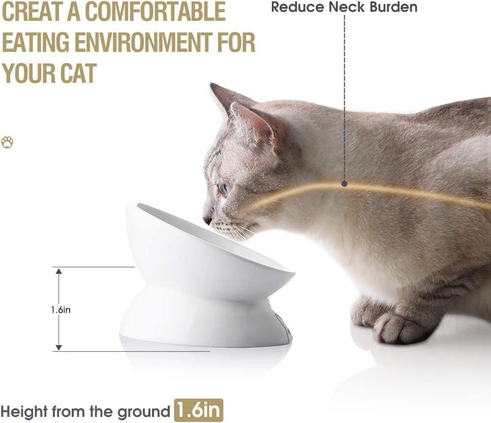 Ceramic Raised Cat Bowls, Slanted Cat Dish Food or Water Bowls, Elevated Porcelain Pet Feeder Bowl Protect Cat'S Spine, Stress Free, Backflow Prevention (White) - PetOhPets