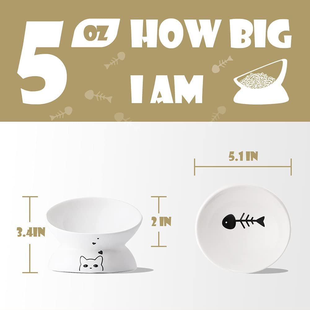 Ceramic Raised Cat Bowls, Slanted Cat Dish Food or Water Bowls, Elevated Porcelain Pet Feeder Bowl Protect Cat'S Spine, Stress Free, Backflow Prevention (White) - PetOhPets