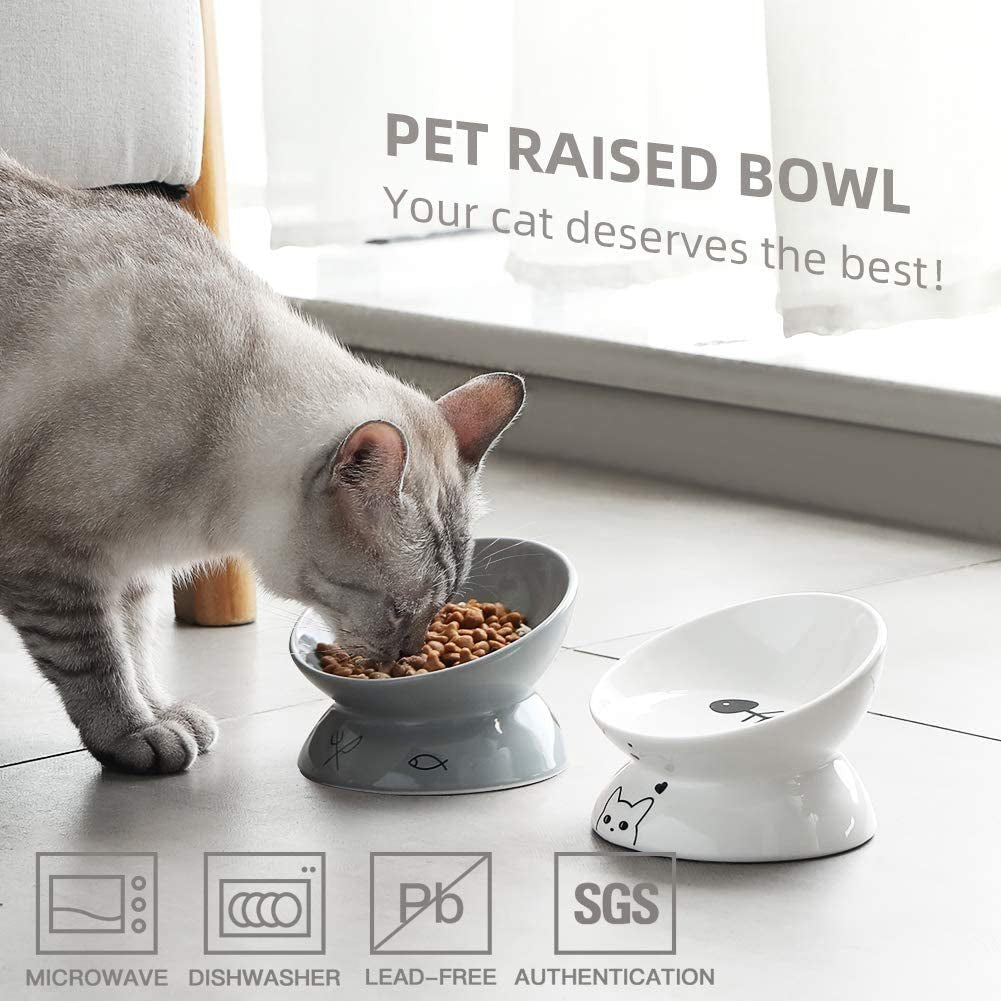 Ceramic Raised Cat Bowls, Slanted Cat Dish Food or Water Bowls, Elevated Porcelain Pet Feeder Bowl Protect Cat'S Spine, Stress Free, Backflow Prevention (White) - PetOhPets