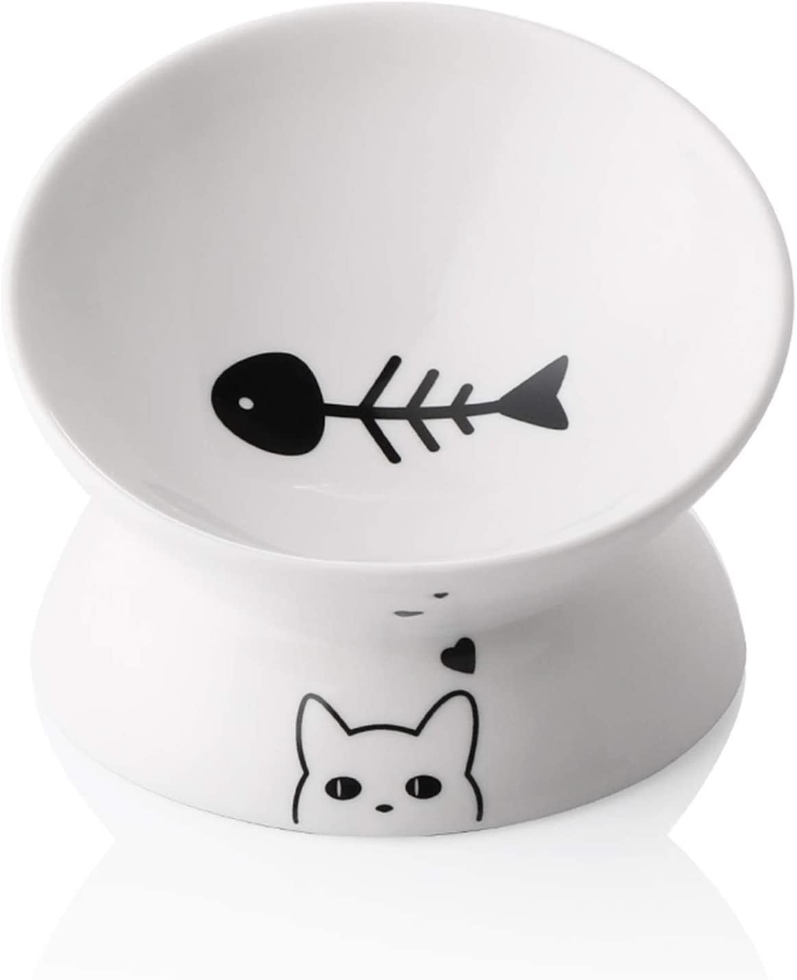 Ceramic Raised Cat Bowls, Slanted Cat Dish Food or Water Bowls, Elevated Porcelain Pet Feeder Bowl Protect Cat'S Spine, Stress Free, Backflow Prevention (White) - PetOhPets