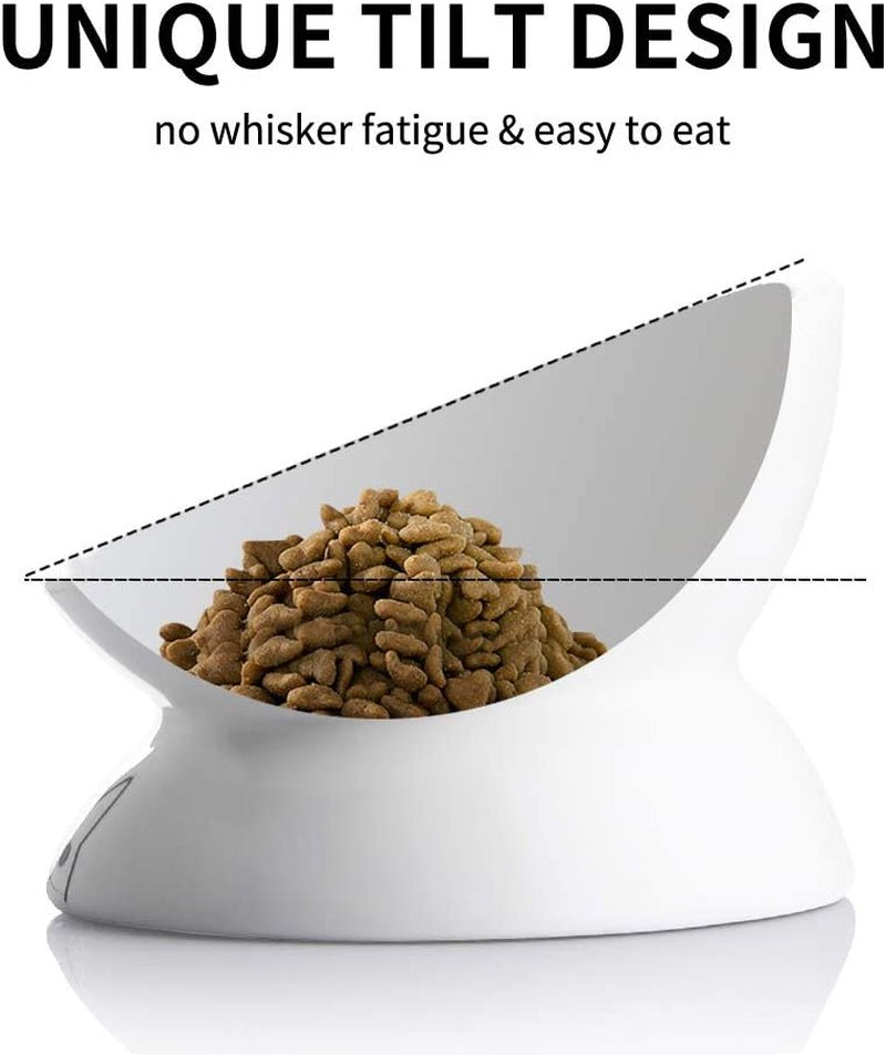 Ceramic Raised Cat Bowls, Slanted Cat Dish Food or Water Bowls, Elevated Porcelain Pet Feeder Bowl Protect Cat'S Spine, Stress Free, Backflow Prevention (White) - PetOhPets