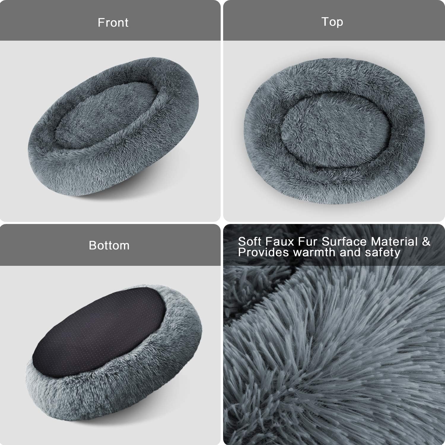 Cuddler Dog Bed | Soft Faux Fur Surface Material | Donut Pillow Bed, Machine Washable | Non - Slip Bottom | Delicate Edge - PetOhPets