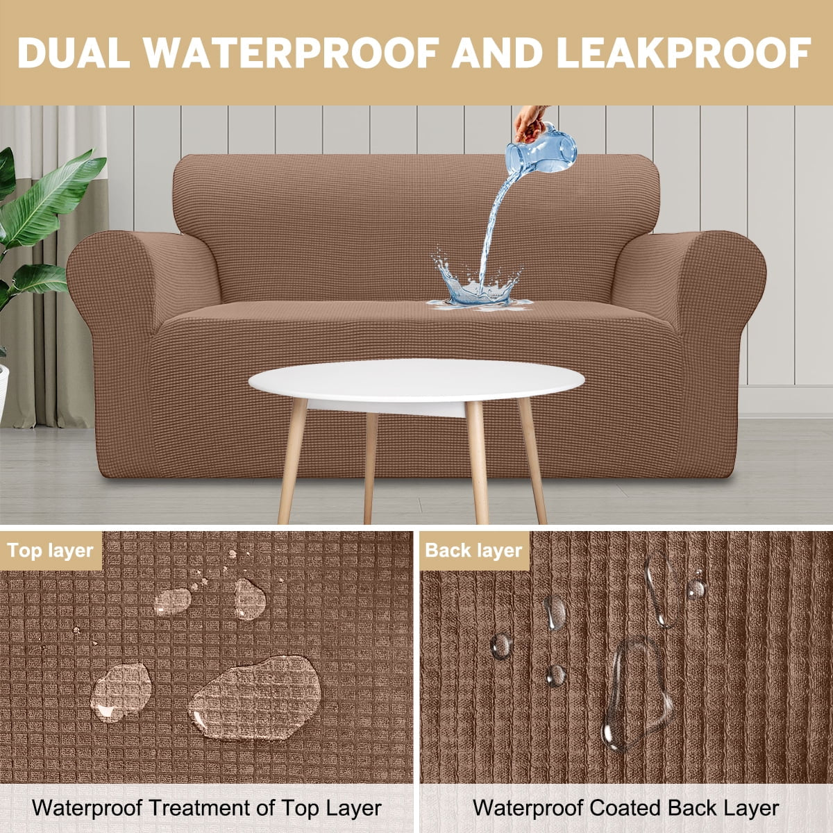 100% Waterproof Sofa Cover Non Slip Couch Cover Stretch Slipcover Leakproof Couch Protector for Kids Dogs Cats Pets, Light Coffee, Oversized Sofa