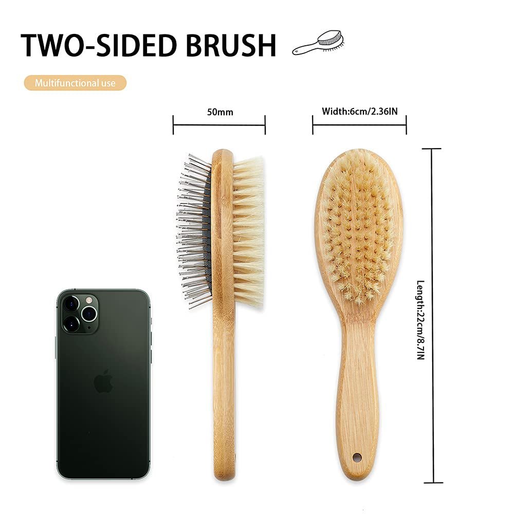 Dog Brush Cat Brush, Double Sided Bristle and Pin Pet Brush for Dog Grooming, Real Boar Bristle Shedding Brush with Bamboo Handle for Long Short Hair, 2 Pack Dog Comb, White - PetOhPets