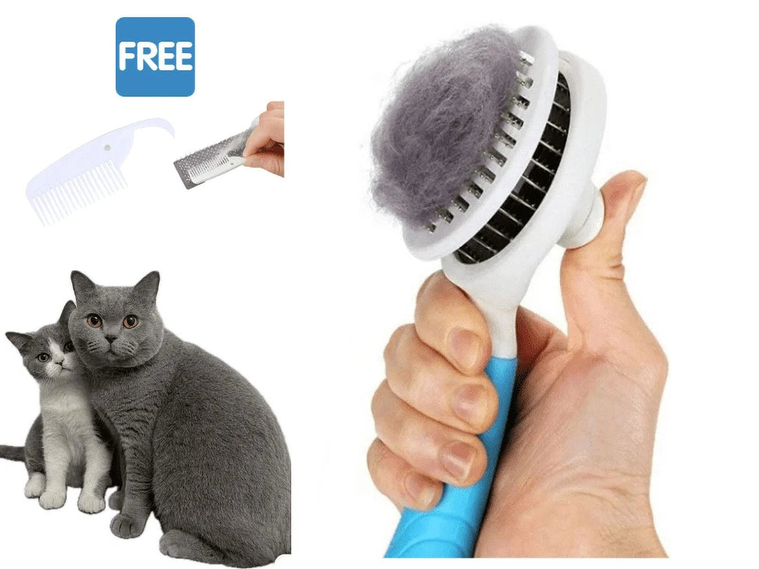 Dog & Cat Grooming Brush, Self Cleaning Slicker Brushes for Dogs Cats Pet Grooming Brush Tool Gently Removes Loose Undercoat, Mats Tangled Hair Slicker Brush for Pet with Flea Comb - PetOhPets