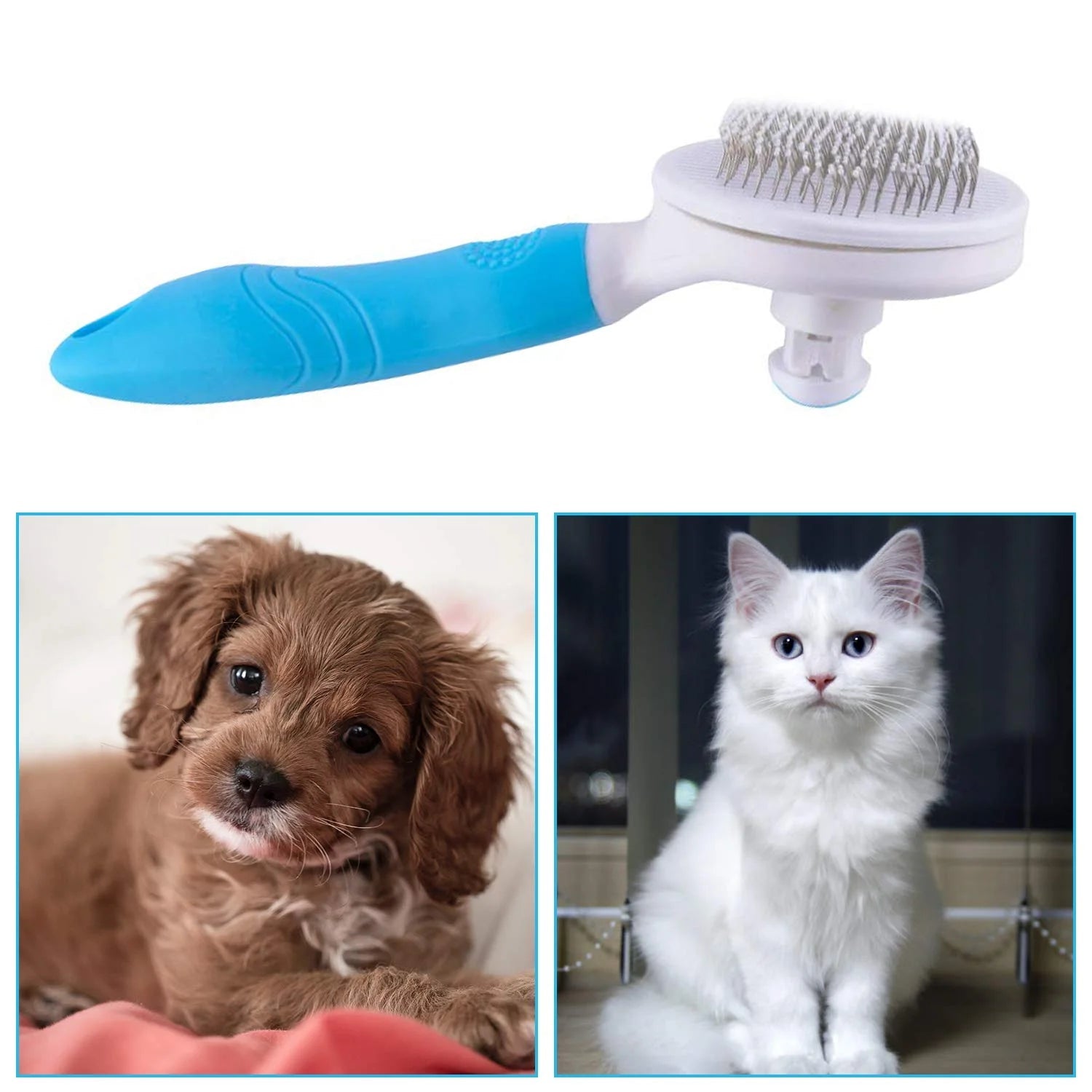 Dog & Cat Grooming Brush, Self Cleaning Slicker Brushes for Dogs Cats Pet Grooming Brush Tool Gently Removes Loose Undercoat, Mats Tangled Hair Slicker Brush for Pet with Flea Comb - PetOhPets