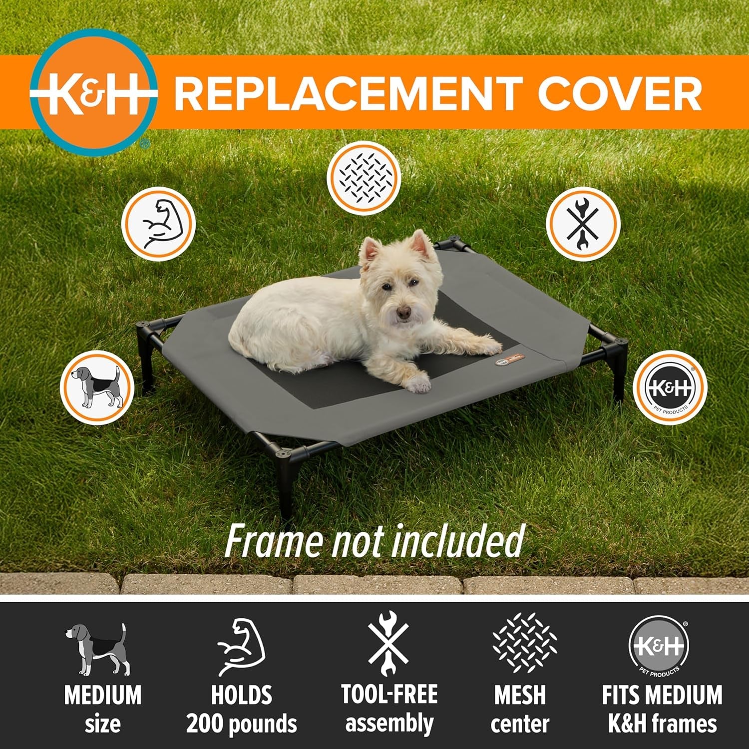 Dog Cot Replacement Cover, Designed to Fit K&H Medium Pet Cots (Sold Separately), Indoor Outdoor, Breathable Cooling Mesh Center, Machine Washable - Medium 32 X 25In Gray - PetOhPets