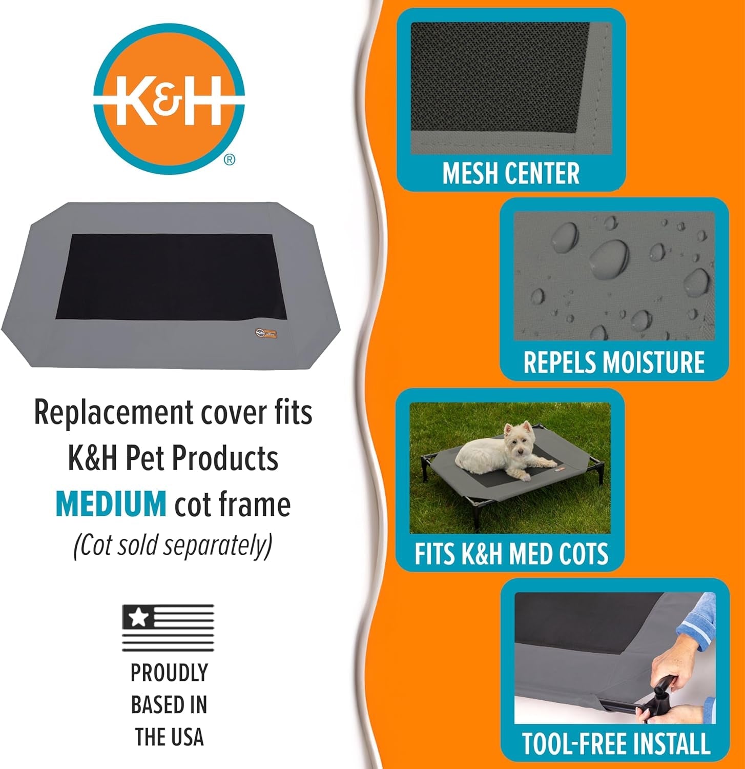 Dog Cot Replacement Cover, Designed to Fit K&H Medium Pet Cots (Sold Separately), Indoor Outdoor, Breathable Cooling Mesh Center, Machine Washable - Medium 32 X 25In Gray - PetOhPets