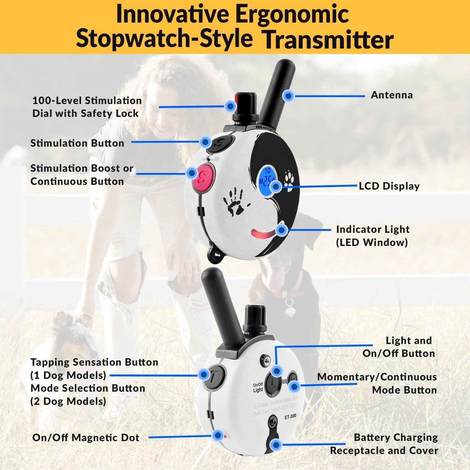 E - Collar Dog Training Collar, Rechargeable Remote + Finger Clicker, for Small to Medium Dogs, Humane Tapping Stimulation, 100 Levels, Tone, Light, 1/2 Mile 1 Dog, Zen - PetOhPets