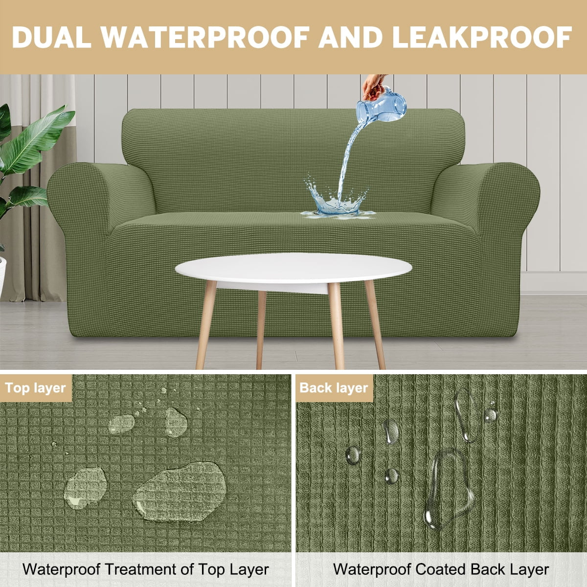 100% Waterproof Sofa Cover Non Slip Couch Cover Stretch Slipcover Leakproof Couch Protector for Kids Dogs Cats Pets, Olive Green, Sofa