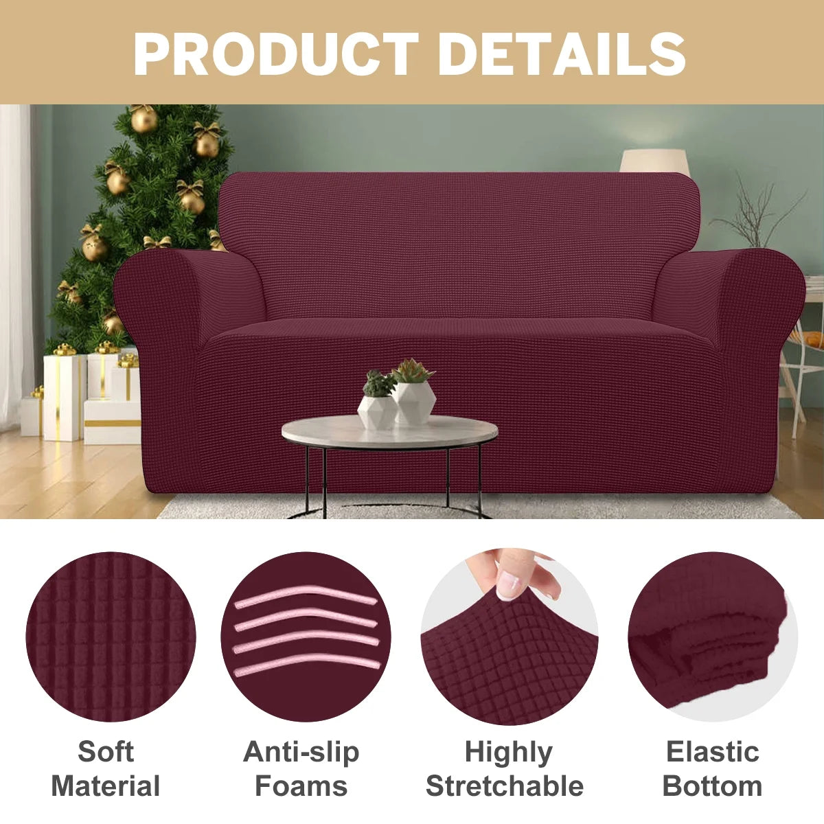 100% Waterproof Sofa Cover Non Slip Couch Cover Stretch Slipcover Leakproof Couch Protector for Kids Dogs Cats Pets, Wine Red, Sofa