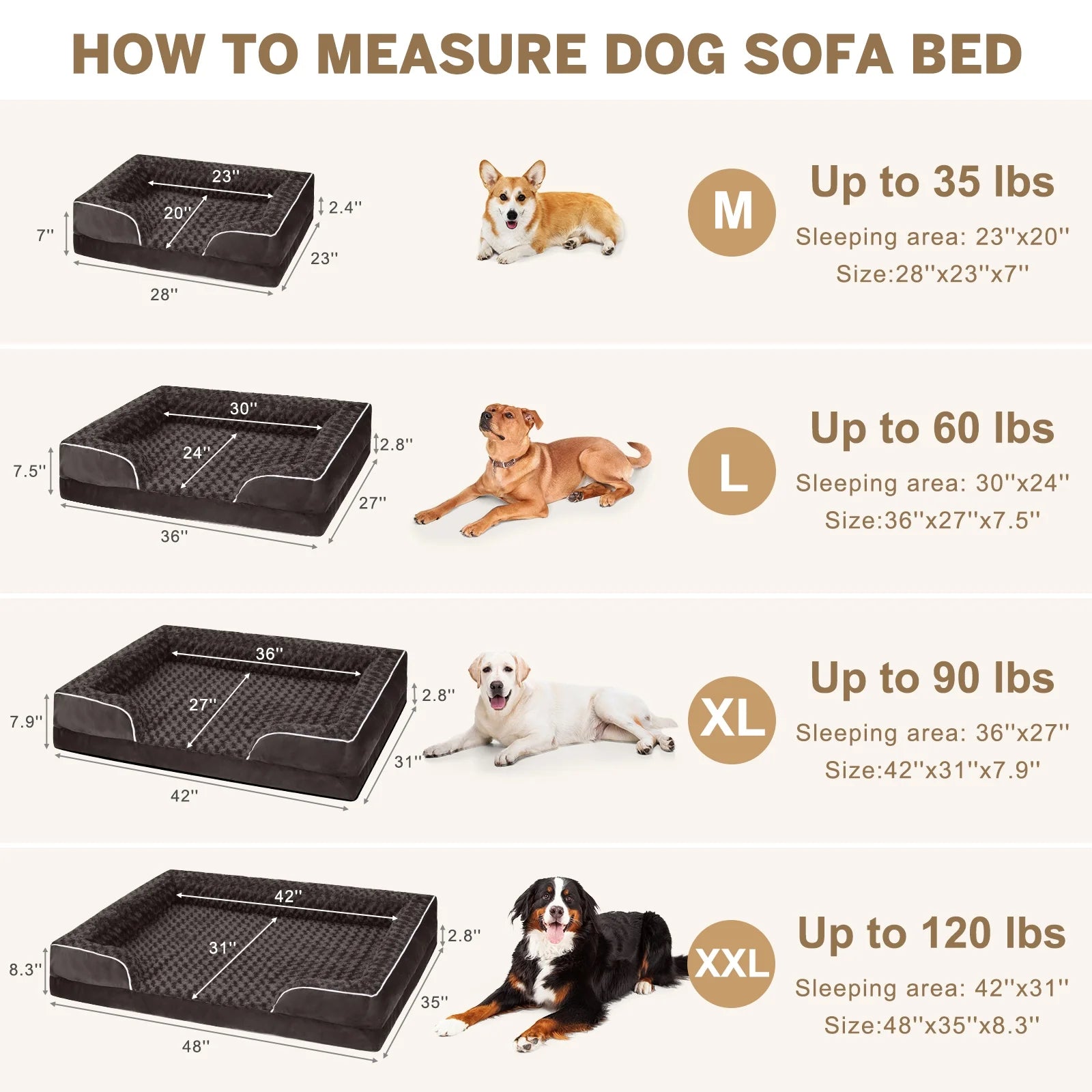 Dog Bed for Medium Small Dogs Waterproof Orthopedic Dog Sofa Bed Non Slip Pet Couch with Removable Washable Cover Supportive Foam M to XXL, Brown