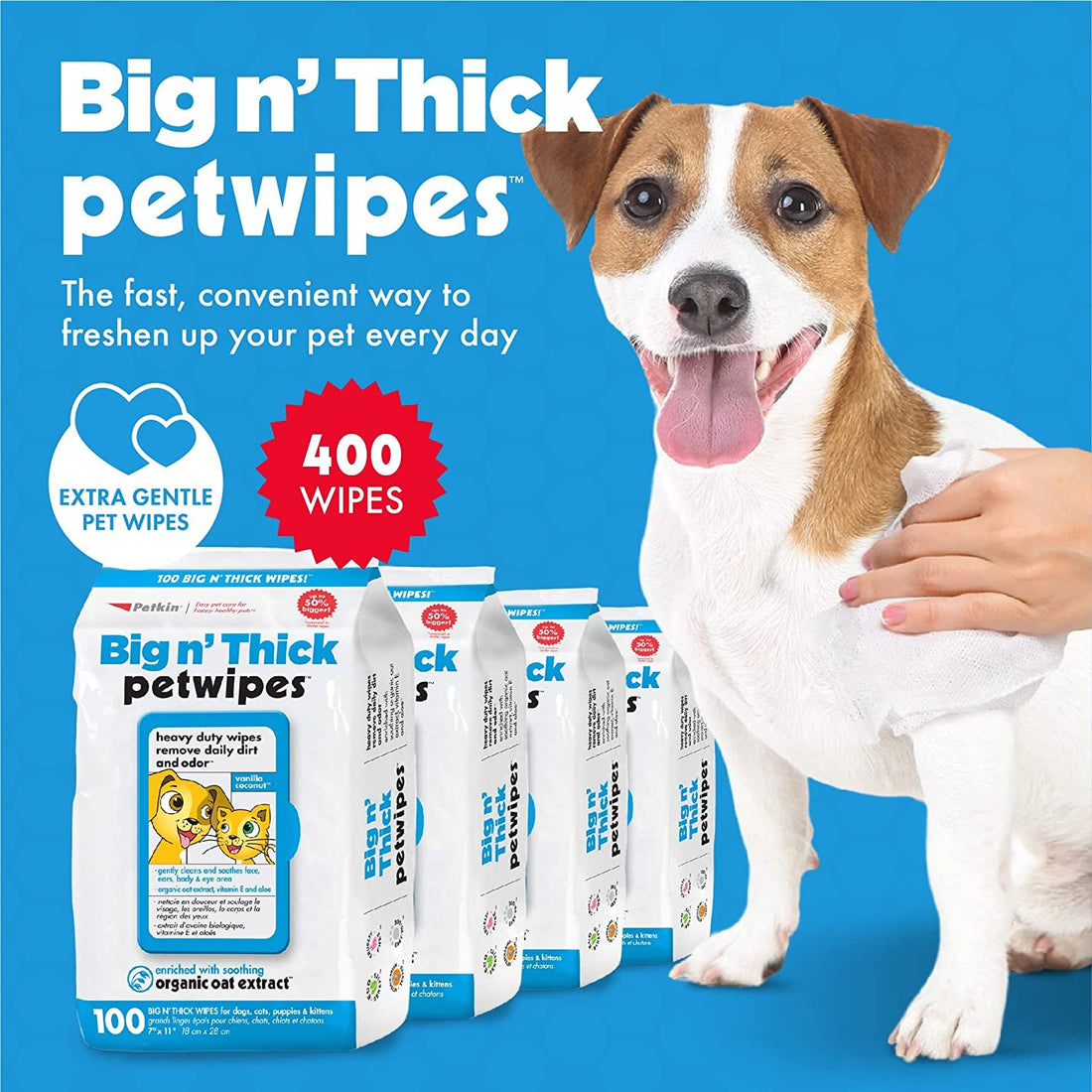 Pet Wipes for Dogs and Cats, 400 Wipes - Large Pet Wipes for Dogs and Cats - Cleans Ears, Face, Butt, Body and Eye Area - Convenient, Ideal for Home or Travel - 4 Packs of 100 Wipes - PetOhPets