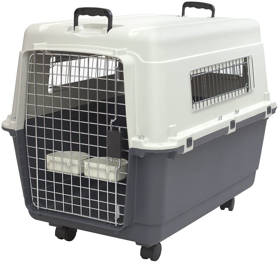 Plastic Kennels Rolling Plastic Wire Door Travel Dog Crate- Large Kennel, Gray - PetOhPets