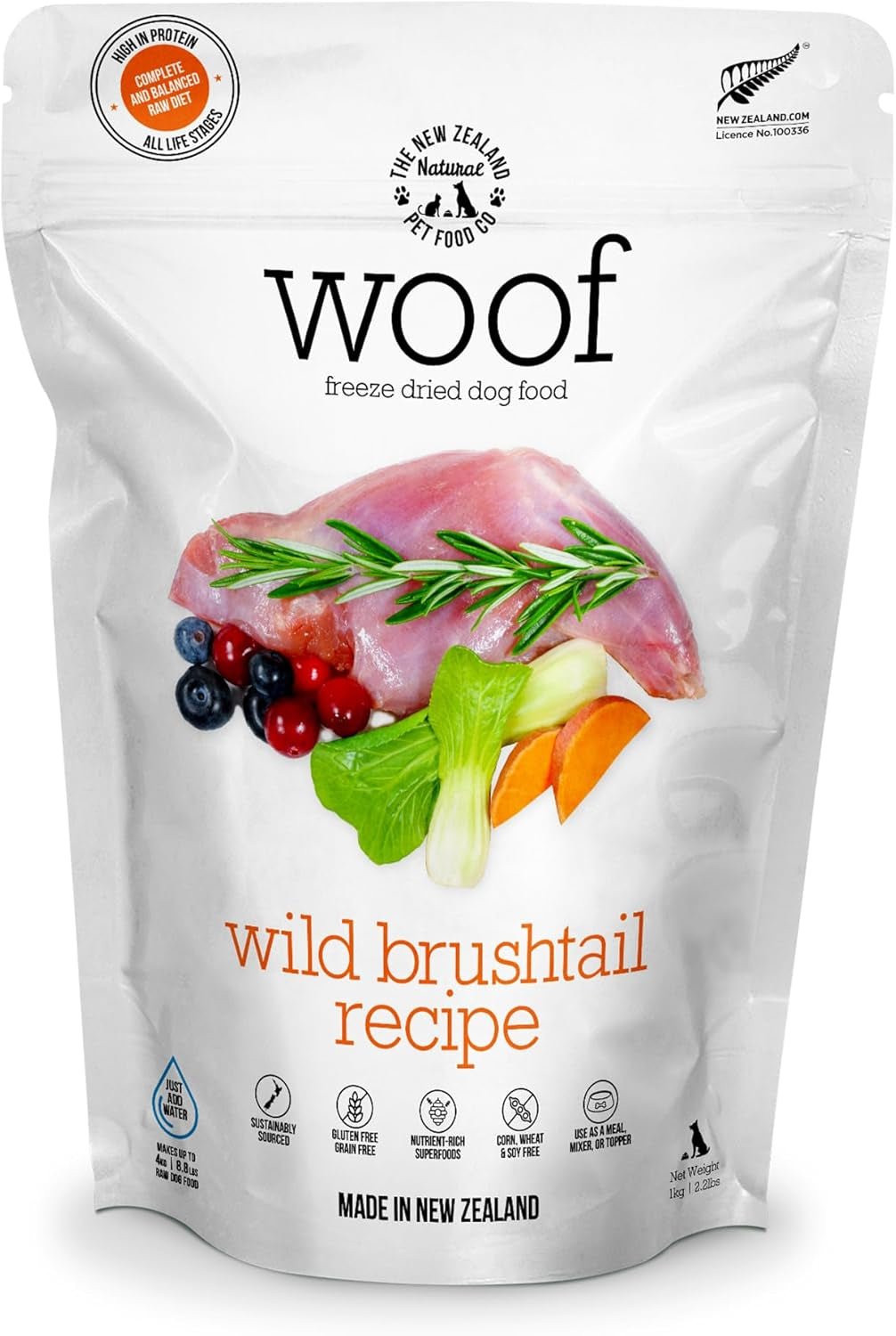 The New Zealand Natural Pet Food Co WOOF Freeze Dried Dog Food - Wild Brushtail Recipe, High Protein Dog Treats, Dog Food Toppers & Meals, 2.2 Lb - PetOhPets