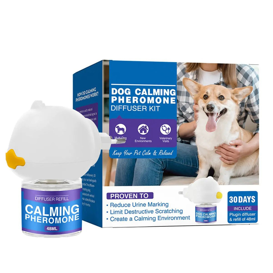Therapet MD Dog Calming Diffuser - Pheromone Diffuser for Dogs Indoor Behavior Support, Anxiety Aid, 60 Day Long Lasting Refill Kit, Natural Formula - PetOhPets
