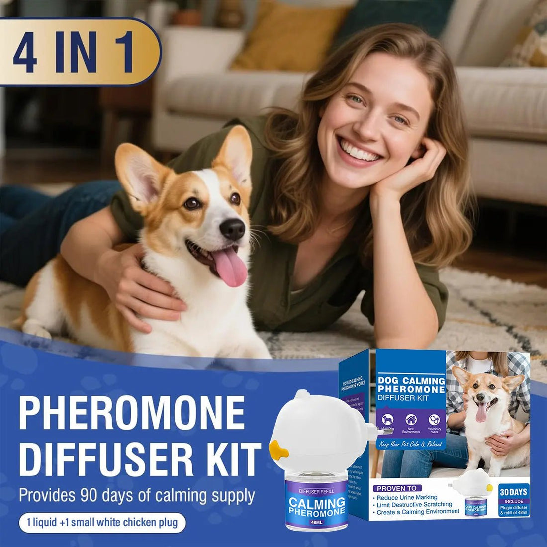 Therapet MD Dog Calming Diffuser - Pheromone Diffuser for Dogs Indoor Behavior Support, Anxiety Aid, 60 Day Long Lasting Refill Kit, Natural Formula - PetOhPets